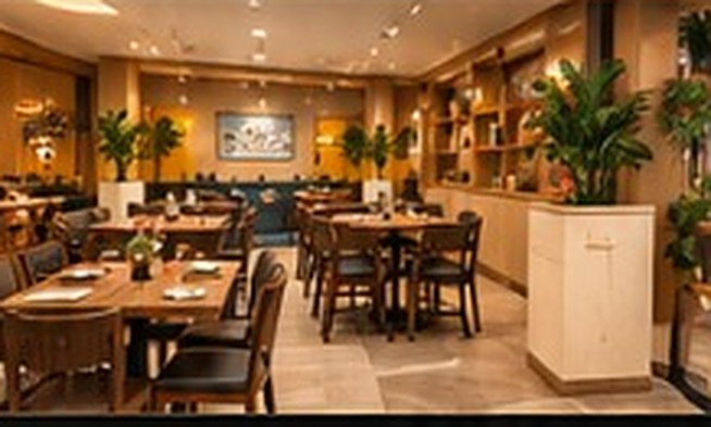 Spacious dining hall with wooden tables and warm lighting