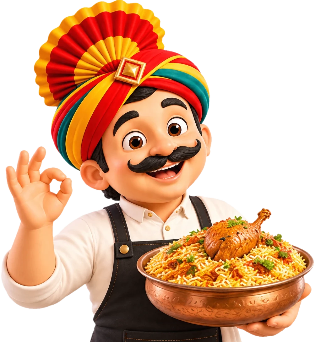 Our host with a copper bowl of chicken biryani, making an OK sign