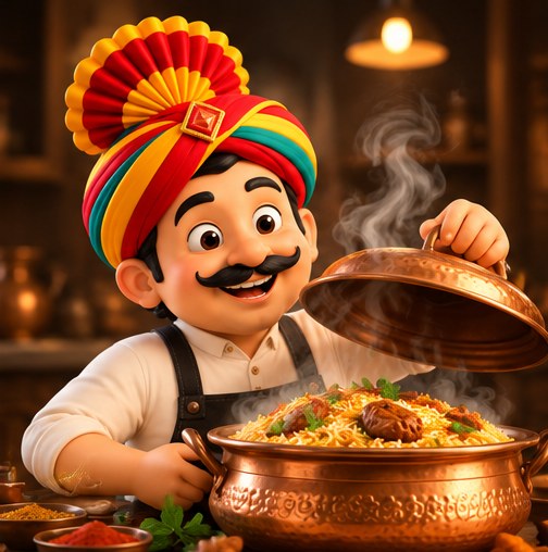 Our host lifting the lid of a steaming copper pot