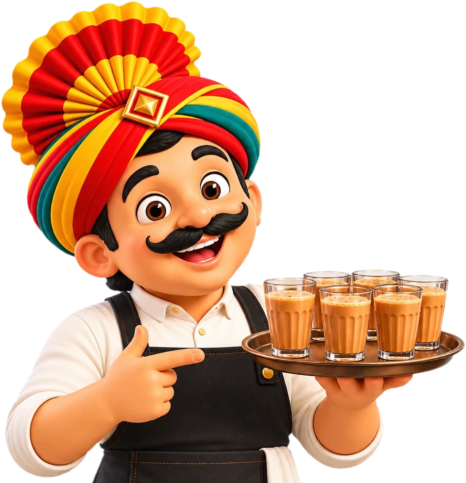 Our host holding a tray of chai glasses