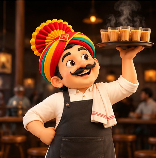 Our host carrying a tray of chai in the café
