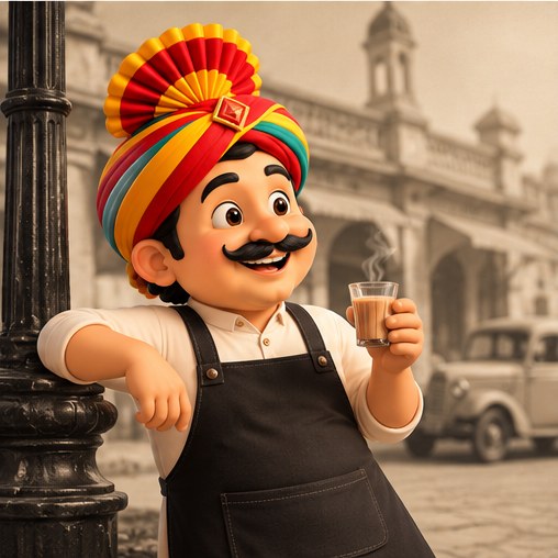 Our host with a glass of chai on an old street