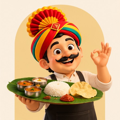 Our host presenting a Kerala meal on a banana leaf