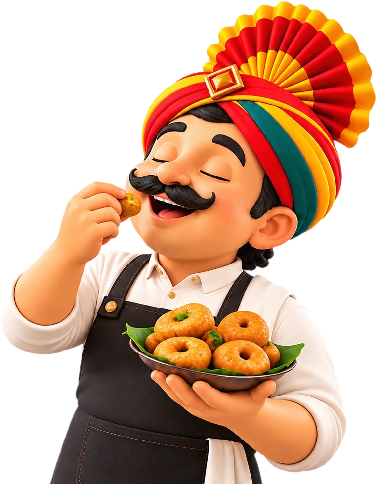 Our host happily tasting a crispy vada