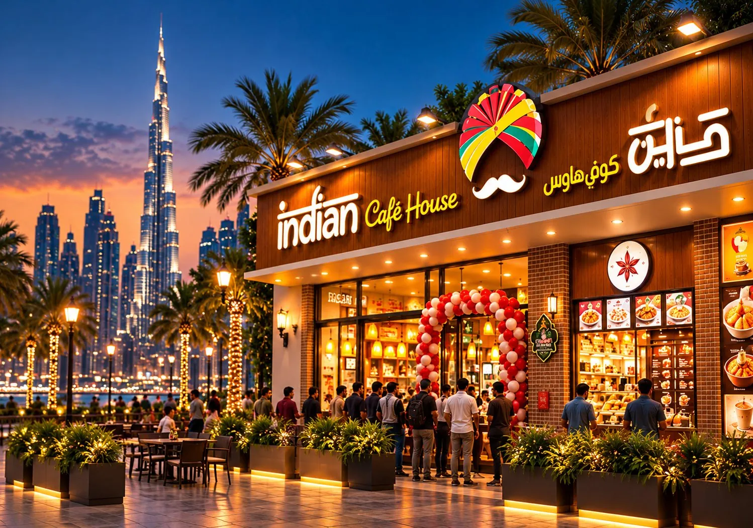 Indian Café House storefront in Dubai at dusk, with the Burj Khalifa behind